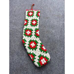 Christmas Stocking Granny Square Handcrafted Crochet Red Green & White 70s Retro